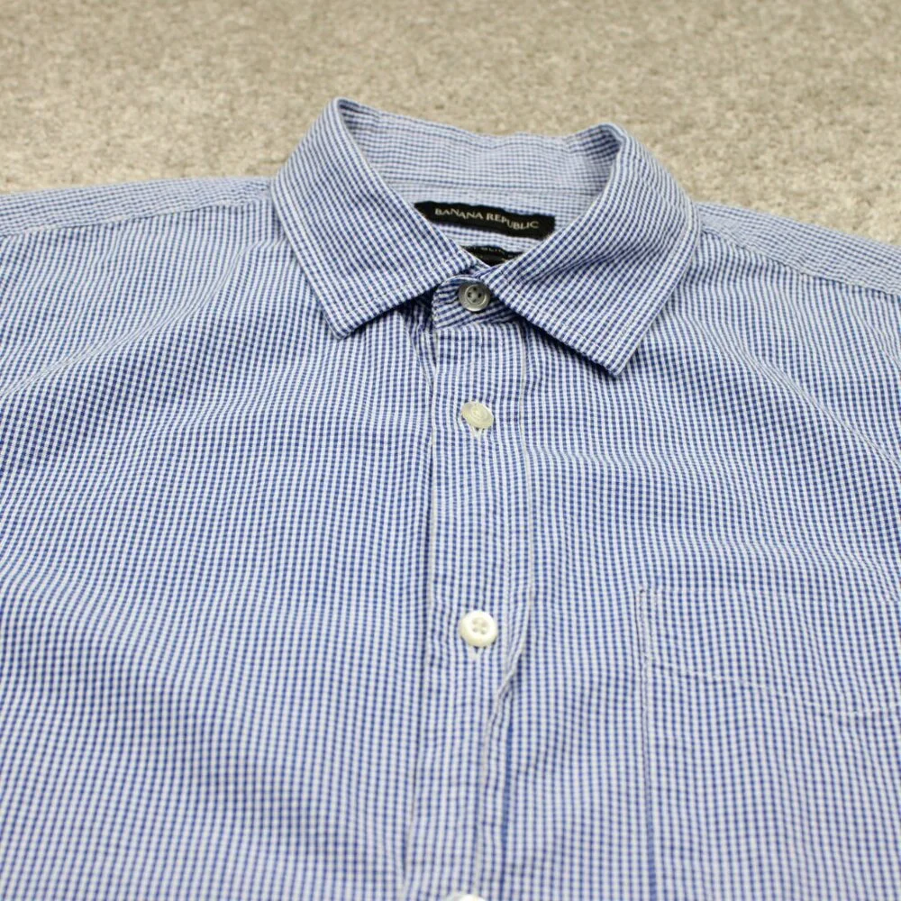 Banana Republic Grant Slim Fit Shirt Men Large Blue/White Checkered Textured S/S